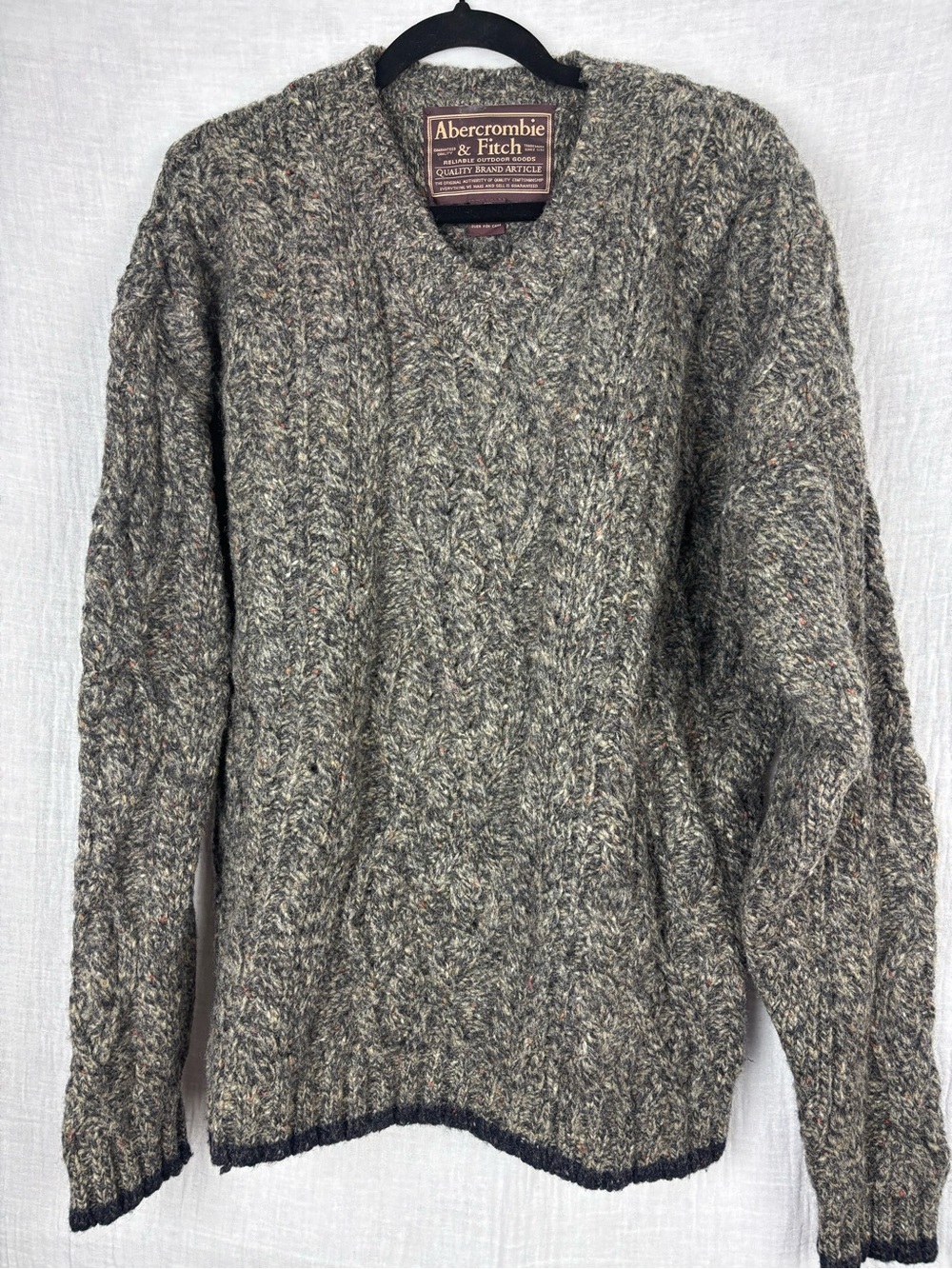 Abercrombie & Fitch VTG Green Fisherman's Cable Knit V-Neck Wool Sweater 90's